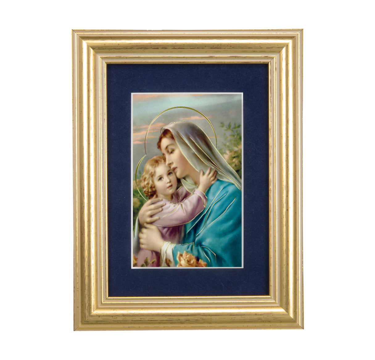 Madonna and Child Gold Framed Art with Blue Velvet Matting