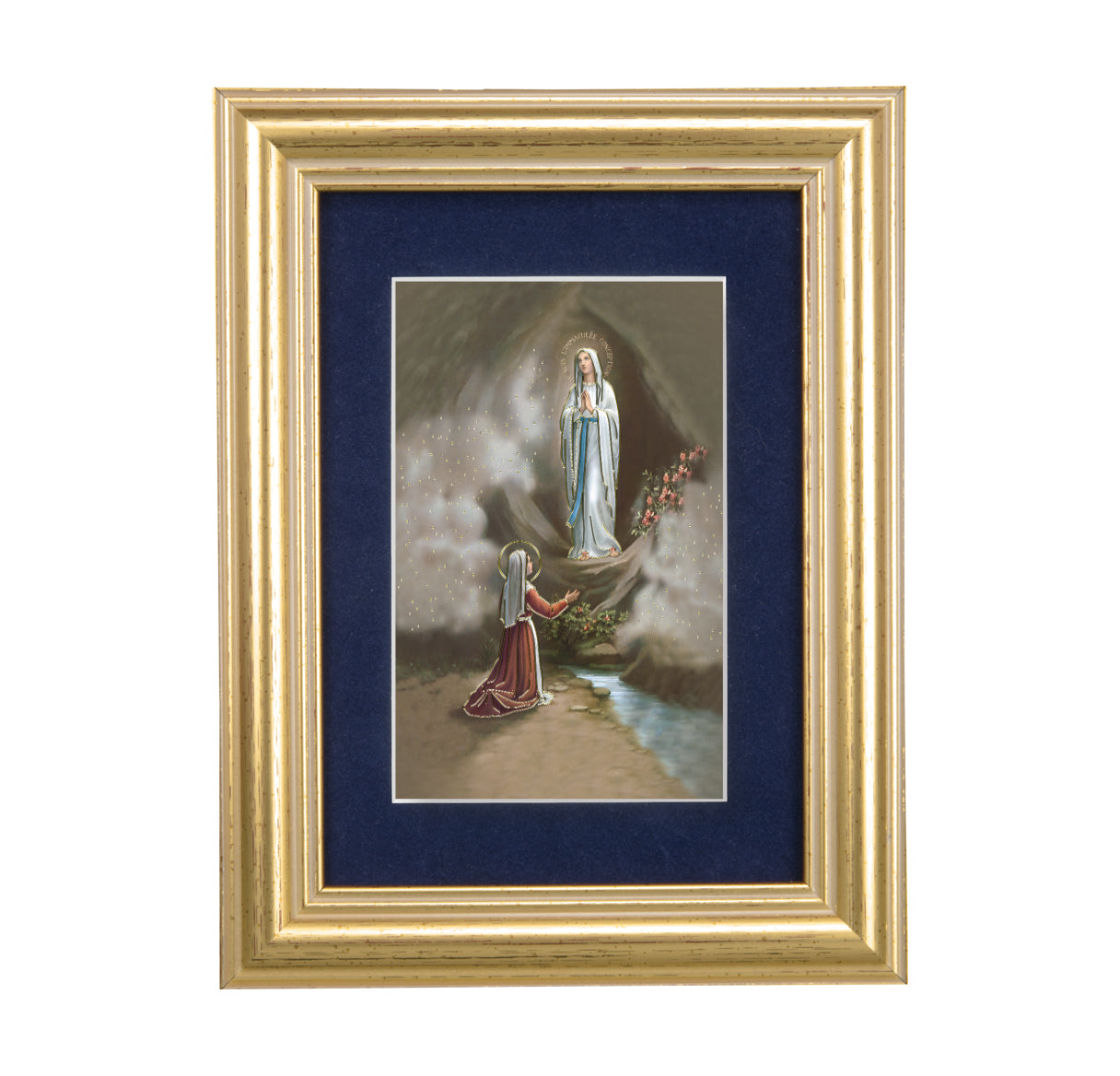 Our Lady of Lourdes Gold Framed Art with Blue Velvet Matting
