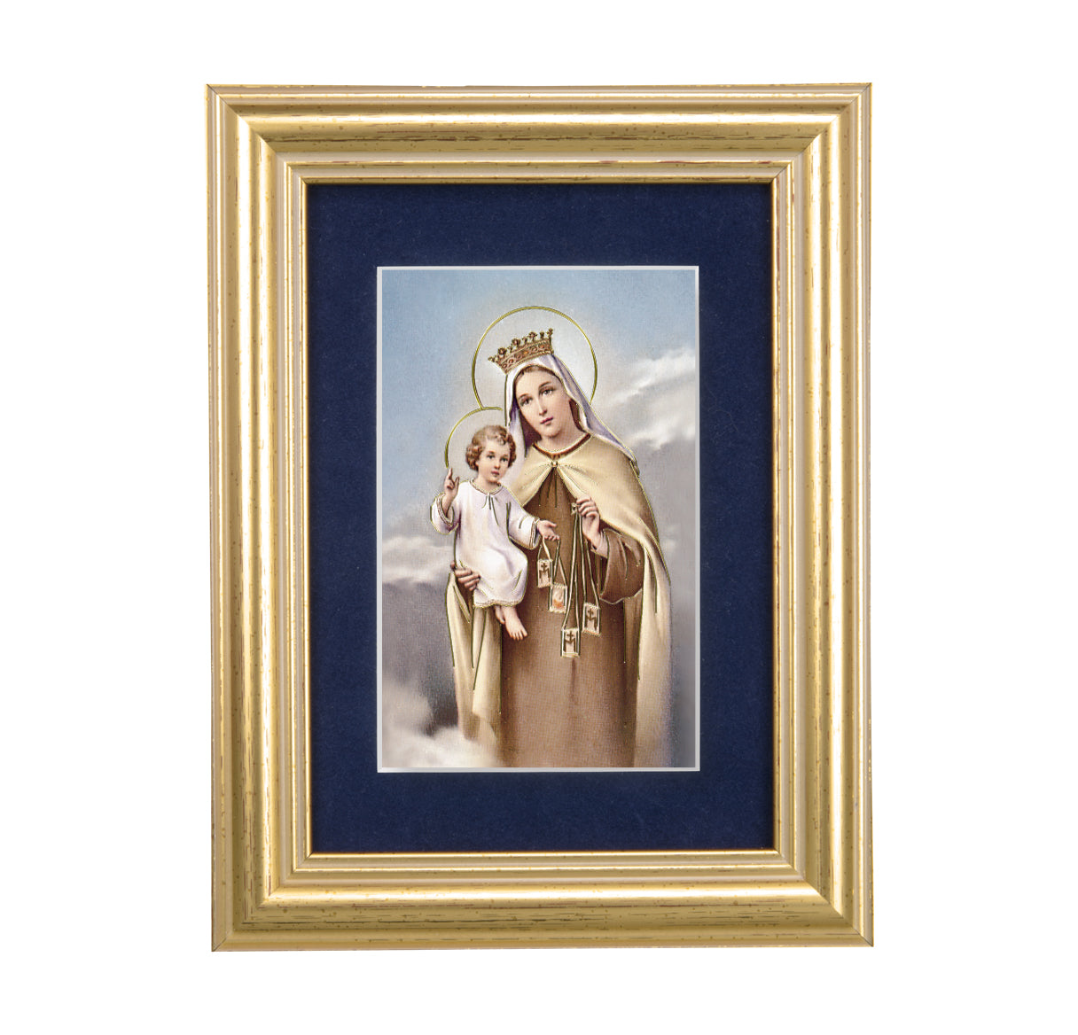 Our Lady of Mount Carmel Gold Framed Art with Blue Velvet Matting