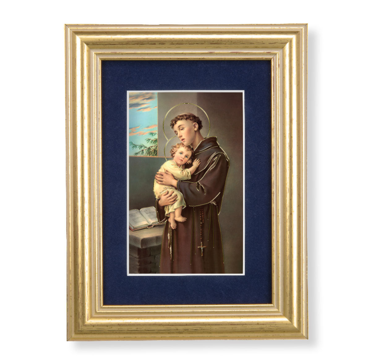 St. Anthony Gold Framed Art with Blue Velvet Matting