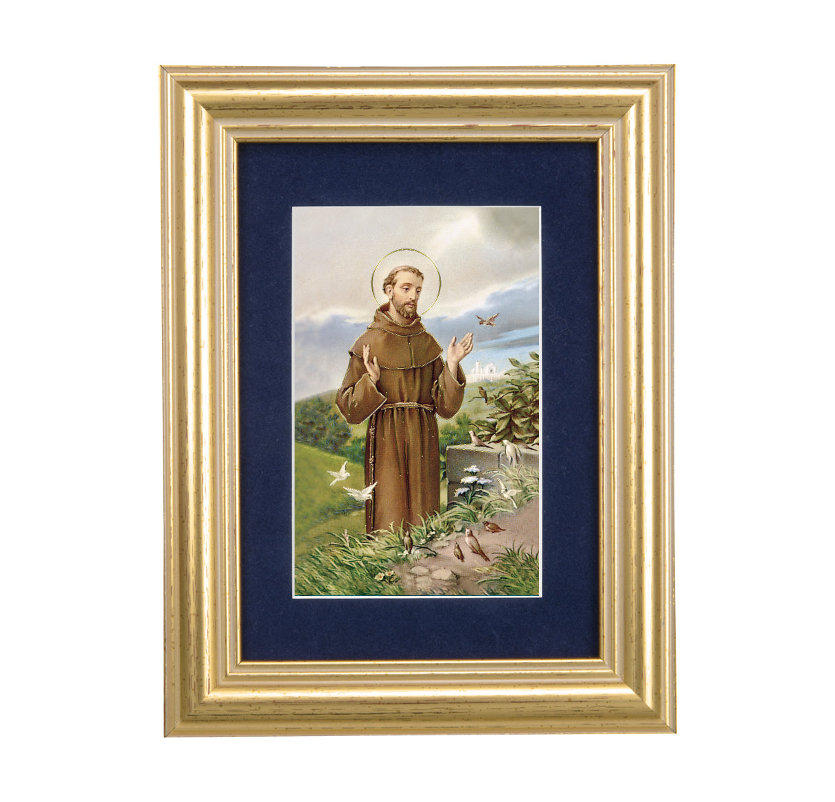 St. Francis Gold Framed Art with Blue Velvet Matting