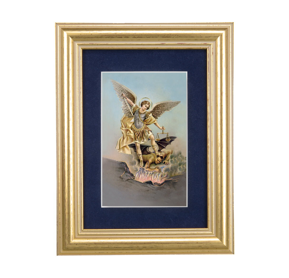 St. Michael Gold Framed Art with Blue Velvet Matting