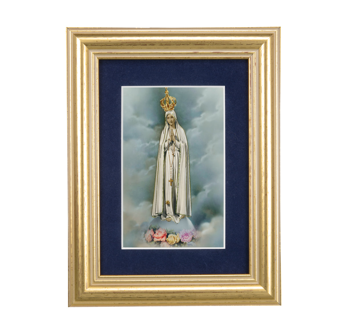 Our Lady of Fatima Gold Framed Art with Blue Velvet Matting
