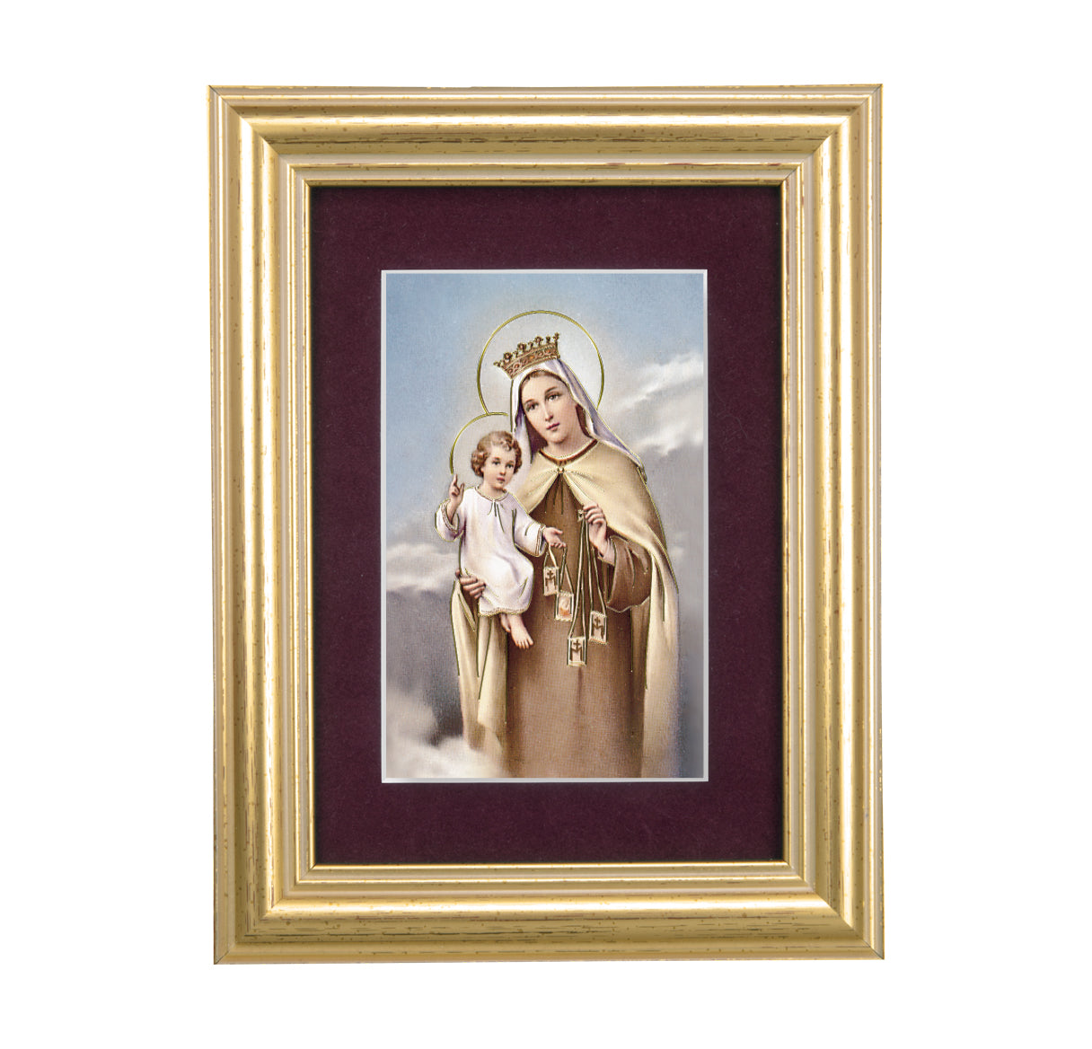 Our Lady of Mount Carmel Framed Art with Maroon Velvet Matting