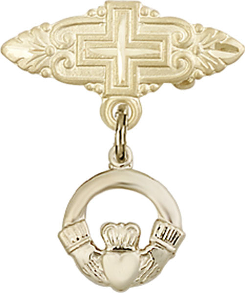 14kt Gold Filled Baby Badge with Claddagh Charm and Badge Pin with Cross