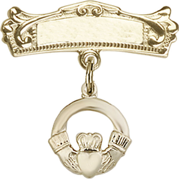 14kt Gold Filled Baby Badge with Claddagh Charm and Arched Polished Badge Pin