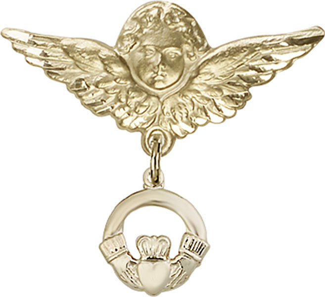 14kt Gold Filled Baby Badge with Claddagh Charm and Angel w/Wings Badge Pin