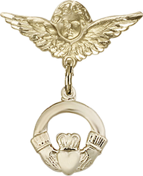 14kt Gold Filled Baby Badge with Claddagh Charm and Angel w/Wings Badge Pin