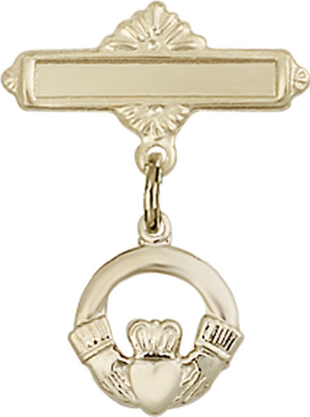 14kt Gold Baby Badge with Claddagh Charm and Polished Badge Pin