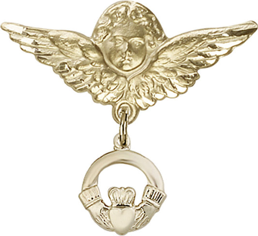 14kt Gold Baby Badge with Claddagh Charm and Angel w/Wings Badge Pin