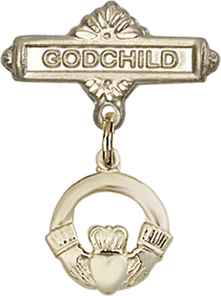 14kt Gold Baby Badge with Claddagh Charm and Godchild Badge Pin