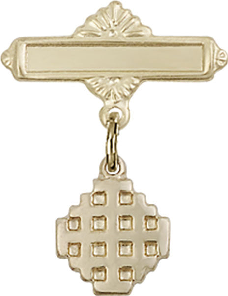 14kt Gold Baby Badge with Jerusalem Cross Charm and Polished Badge Pin