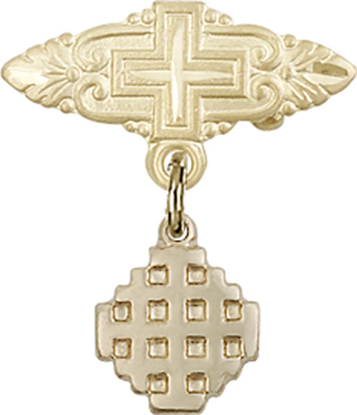 14kt Gold Baby Badge with Jerusalem Cross Charm and Badge Pin with Cross