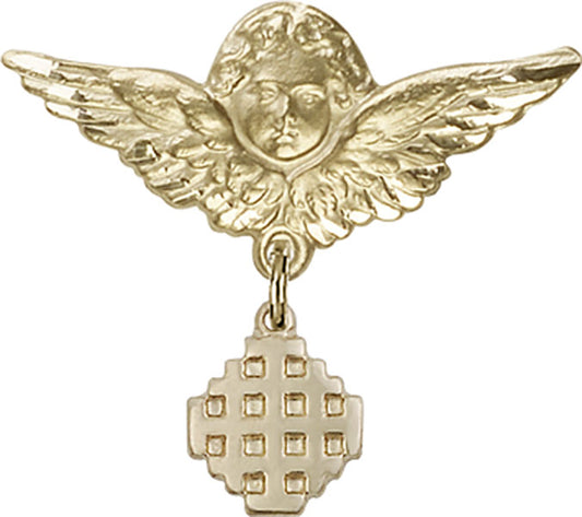 14kt Gold Baby Badge with Jerusalem Cross Charm and Angel w/Wings Badge Pin