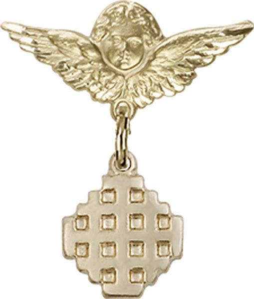 14kt Gold Baby Badge with Jerusalem Cross Charm and Angel w/Wings Badge Pin