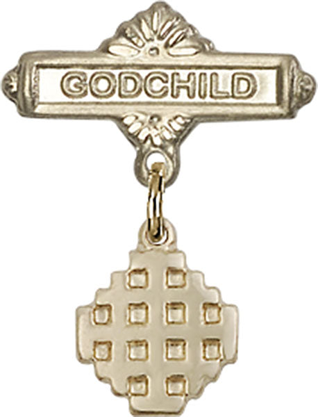 14kt Gold Baby Badge with Jerusalem Cross Charm and Godchild Badge Pin