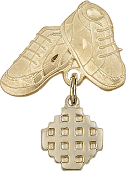 14kt Gold Baby Badge with Jerusalem Cross Charm and Baby Boots Pin
