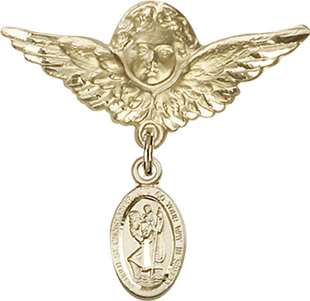 14kt Gold Baby Badge with St. Christopher Charm and Angel w/Wings Badge Pin