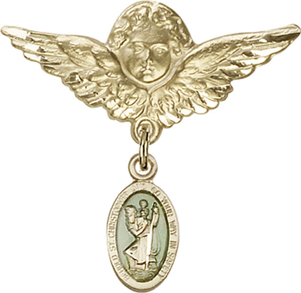 14kt Gold Filled Baby Badge with Blue St. Christopher Charm and Angel w/Wings Badge Pin