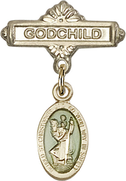 14kt Gold Filled Baby Badge with Blue St. Christopher Charm and Godchild Badge Pin