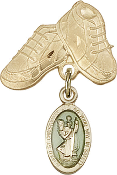 14kt Gold Filled Baby Badge with Blue St. Christopher Charm and Baby Boots Pin