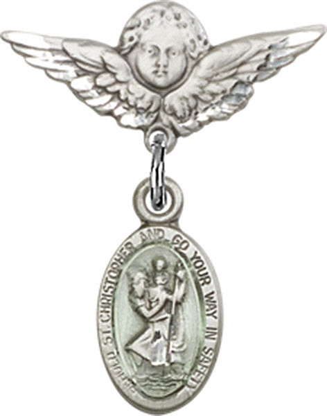 Sterling Silver Baby Badge with Blue St. Christopher Charm and Angel w/Wings Badge Pin