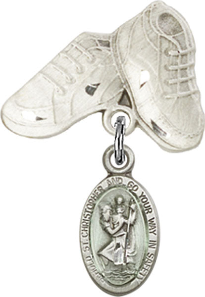 Sterling Silver Baby Badge with Blue St. Christopher Charm and Baby Boots Pin