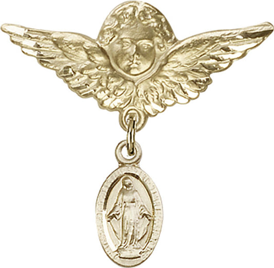 14kt Gold Baby Badge with Miraculous Charm and Angel w/Wings Badge Pin