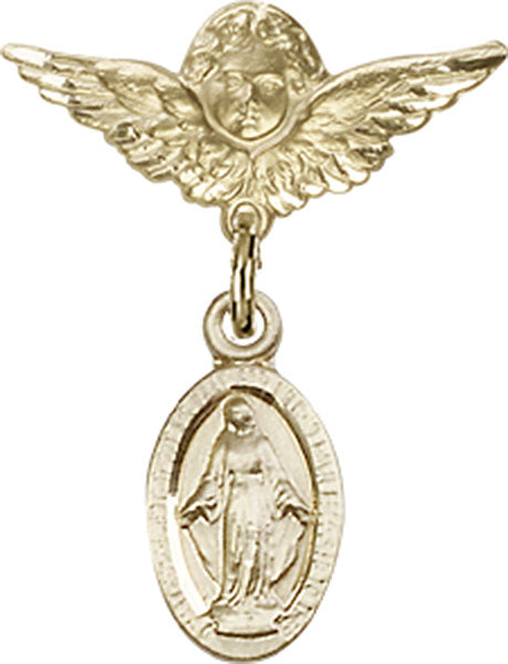 14kt Gold Baby Badge with Miraculous Charm and Angel w/Wings Badge Pin