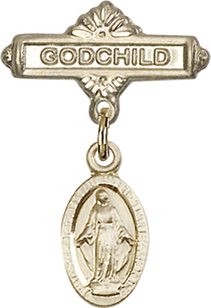 14kt Gold Baby Badge with Miraculous Charm and Godchild Badge Pin