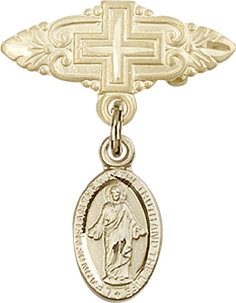 14kt Gold Baby Badge with Scapular Charm and Badge Pin with Cross
