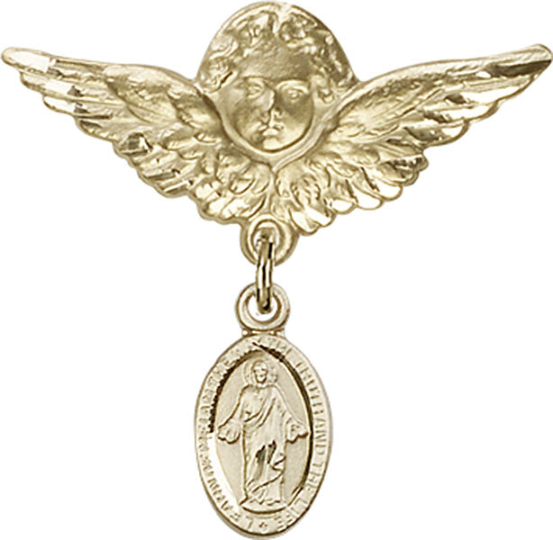 14kt Gold Baby Badge with Scapular Charm and Angel w/Wings Badge Pin