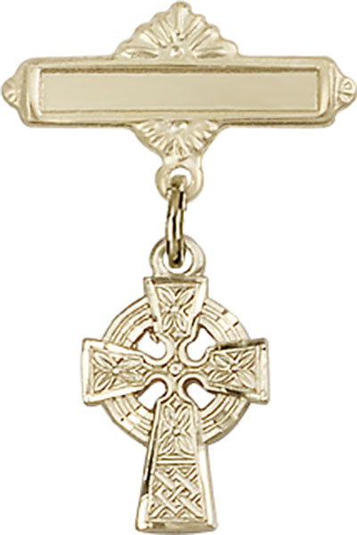 14kt Gold Baby Badge with Celtic Cross Charm and Polished Badge Pin