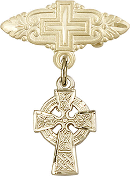 14kt Gold Baby Badge with Celtic Cross Charm and Badge Pin with Cross