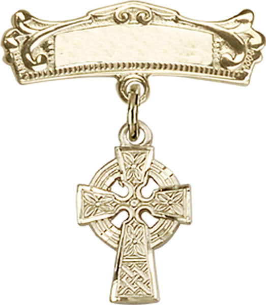 14kt Gold Baby Badge with Celtic Cross Charm and Arched Polished Badge Pin