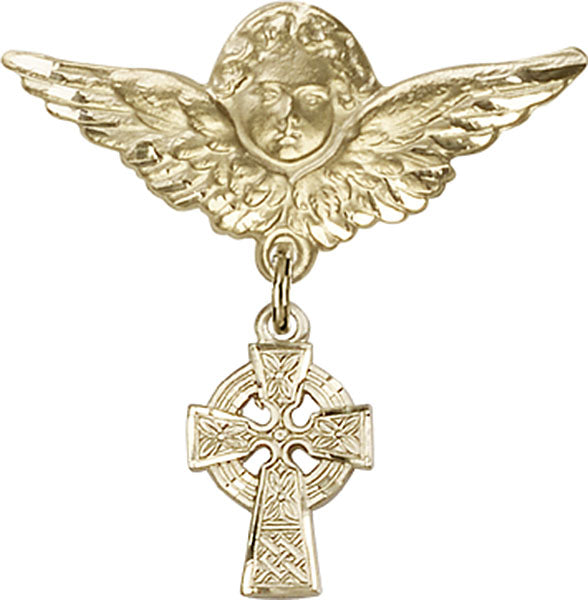 14kt Gold Baby Badge with Celtic Cross Charm and Angel w/Wings Badge Pin