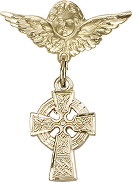 14kt Gold Baby Badge with Celtic Cross Charm and Angel w/Wings Badge Pin