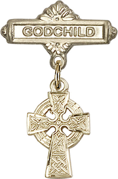 14kt Gold Baby Badge with Celtic Cross Charm and Godchild Badge Pin