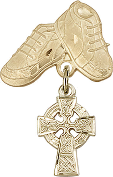 14kt Gold Baby Badge with Celtic Cross Charm and Baby Boots Pin