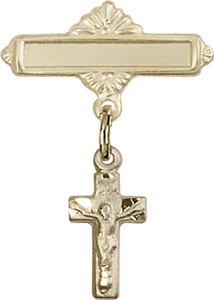 14kt Gold Baby Badge with Crucifix Charm and Polished Badge Pin