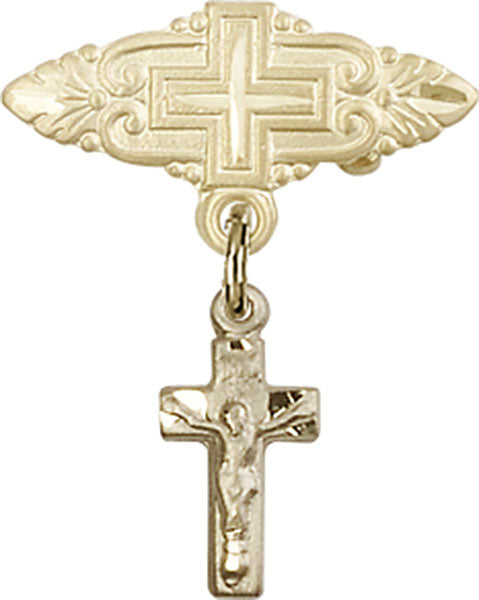 14kt Gold Baby Badge with Crucifix Charm and Badge Pin with Cross
