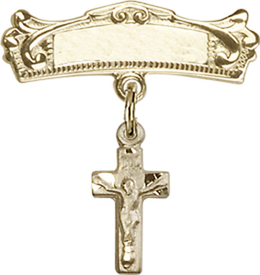 14kt Gold Baby Badge with Crucifix Charm and Arched Polished Badge Pin