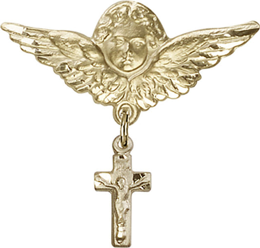 14kt Gold Baby Badge with Crucifix Charm and Angel w/Wings Badge Pin