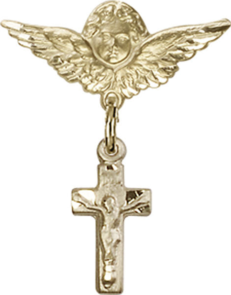 14kt Gold Baby Badge with Crucifix Charm and Angel w/Wings Badge Pin