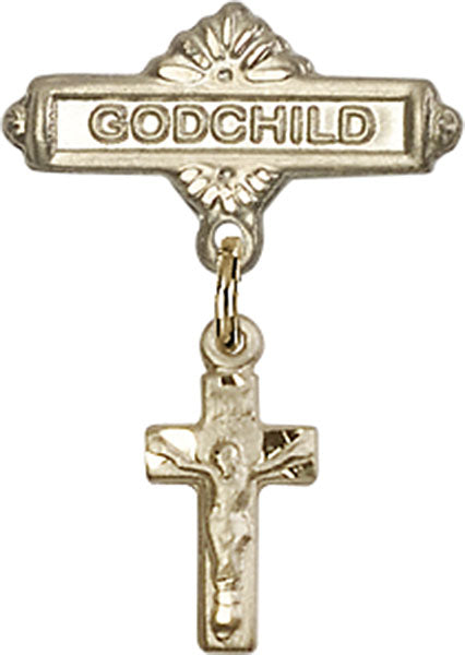 14kt Gold Baby Badge with Crucifix Charm and Godchild Badge Pin