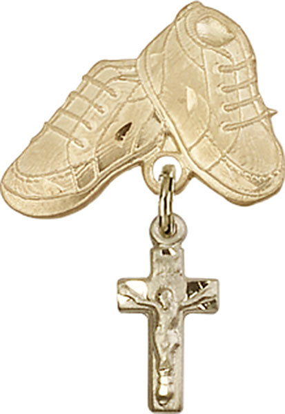 14kt Gold Baby Badge with Crucifix Charm and Baby Boots Pin