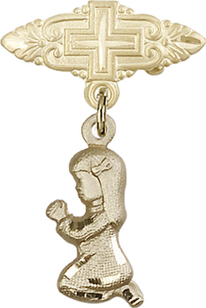 14kt Gold Filled Baby Badge with Praying Girl Charm and Badge Pin with Cross