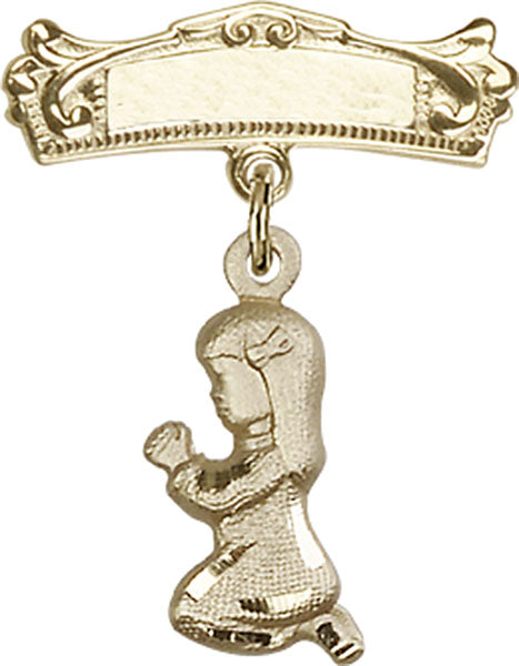 14kt Gold Filled Baby Badge with Praying Girl Charm and Arched Polished Badge Pin