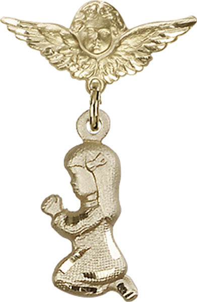 14kt Gold Filled Baby Badge with Praying Girl Charm and Angel w/Wings Badge Pin