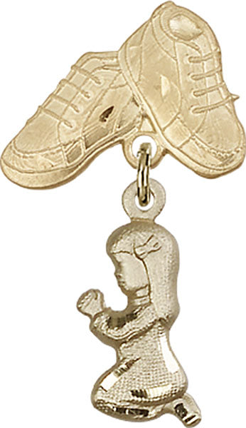14kt Gold Filled Baby Badge with Praying Girl Charm and Baby Boots Pin